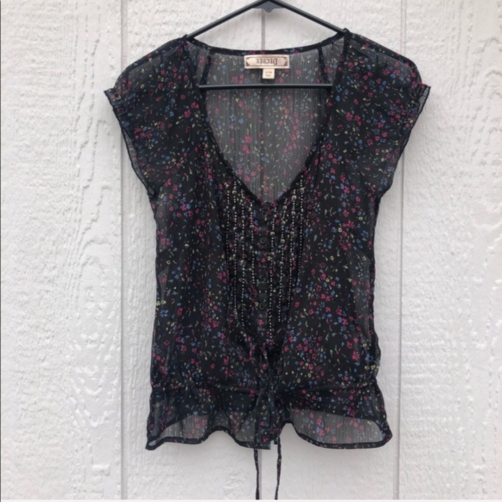 sheer tie front, floral, beaded top